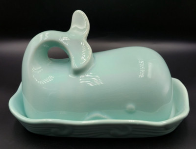 Creative Co-op Stoneware Whale Shaped Butter Dish With Lid Aqua Blue Teal-image