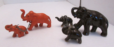 2 VINTAGE ELEPHANTS WITH BABIES ON CHAIN-BROWN & ORANGE-JAPAN MID CENTURY DECOR-image