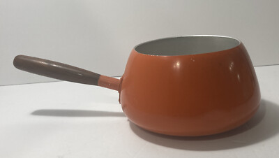 Orange Enamelware Fondue Pot W/A Lid Wood Handle Mid Century Modern Vtg A Shachi-image