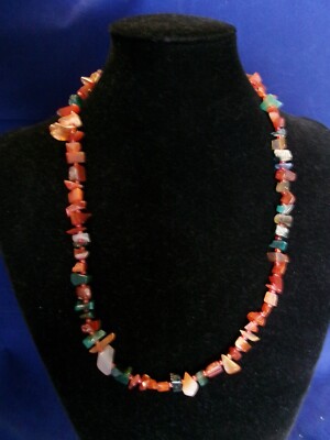 Vintage Mid Century Multicoloured Agate Gem Stone Necklace Orange  & Green-image