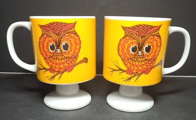 MCM Footed Coffee Cups with Owls, Orange Yellow Japan-image