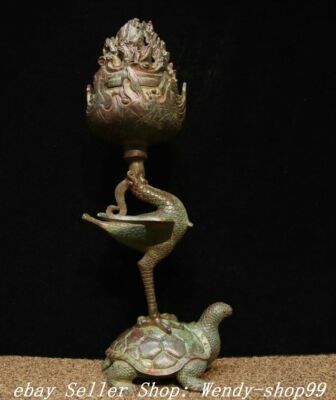 Old Chinese Dynasty Bronze Ware Turtle Crane Joss Boshan Incense Burner Censer-image