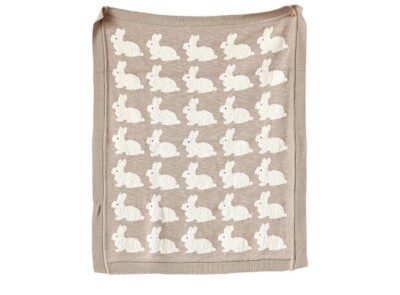 Creative Co-Op Taupe 100% Cotton Knit Rabbit Blanket, new without tags-image