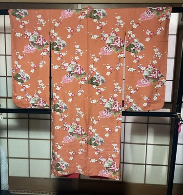 Child's Orange Floral Furisode, Mid-length, 132 cm height, Used No2080 No No7824-image