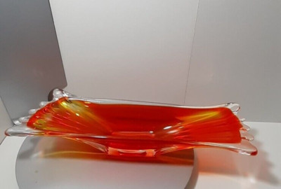 Vintage Viking Art Glass Hand Blown Orange Clear Swung Console Center Bowl-image