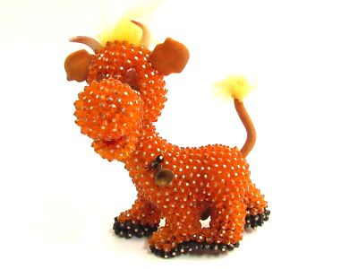 Vintage Push Pin Beaded Bull Orange Mid Century Kitsch CA863-image