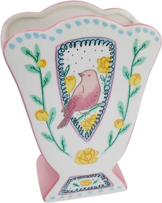 Creative Co-Op Ceramic Fan Shaped Painted Bird Design, Multicolor -image