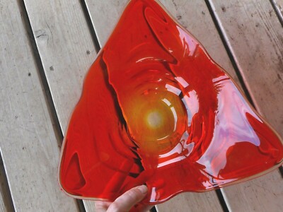 MCM Swung Stretch Glass Bowl Orange Yellow Triangle Mid Century centerpiece 12