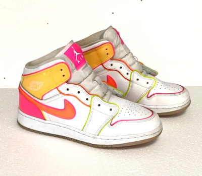 Jordan 1 Mid GS Edge Glow Leather Athletic Shoes Girl Youth 7Y White Pink Orange-image