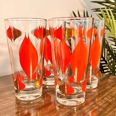MCM Mid Mod Atomic Orange & Gold Patterned Glasses (set of 4)-image
