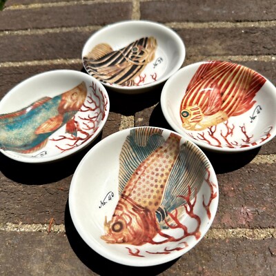 Set of 4 Tim Coffey Creative Co-OP White Multi Fish Print Dish Home Decor 38-41-image