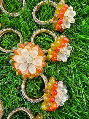 12 Vintage Napkin Rings Mid Century Modern Vibe Orange Yellow Clear Faceted Bead-image