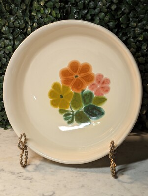 VINTAGE MCM 60's Orange Green Flower FRANCISCAN EARTHENWARE SERVING BOWL 7.75