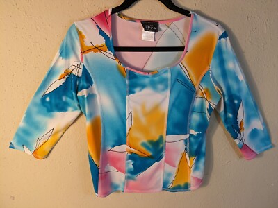 Libra Woman M Blue/Orange Stretch Square Neck Mid Sleeves Exposed Seams Top NWOT-image