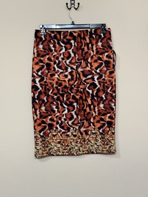 Bold Elements Women’s Brown/Orange Animal Print Mid Rise Stretch A-Line Skirt L-image