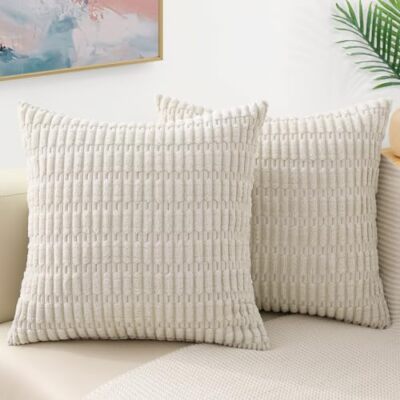 Cream White Decorative Throw Pillow Covers 18x18 Set of 2 Soft Corduroy Strip...-image