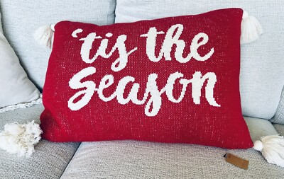 Creative Co-op Tis The Season Christmas Cotton Knit Lumbar Pillow W/tassels Red-image