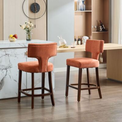 Mid Century Counter Stools Set of 2- Linen Upholstery,Curved Back,Hardwood Frame-image