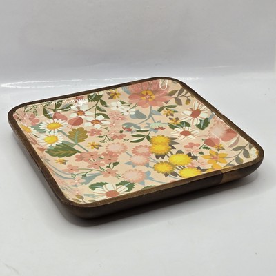 Creative Co-Op Yellow W White Acacia Flowers Decorative Enameled Wood Tray 6.25