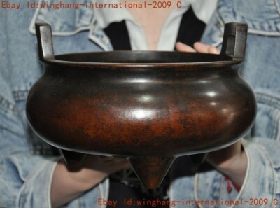 Mark China ancient Buddhism temple pure bronze joss Incense burner Censer statue-image