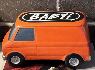 Vintage orange  black roof baby CERAMIC VAN hand-painted 1970s vehicle, mid-cent-image