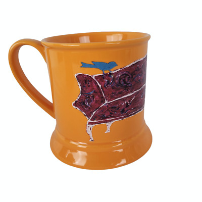 Little E Studio Creative Co-op Coffee Mug Orange Blue Bird On A Couch Whimsical-image