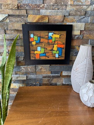 Mid Century Modern Abstract Acrylic Painting Blue Orange Green-image