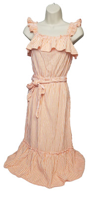 Michael Kors Orange & White Striped Summer Dress Boho Peasant Ruffle Neck-image