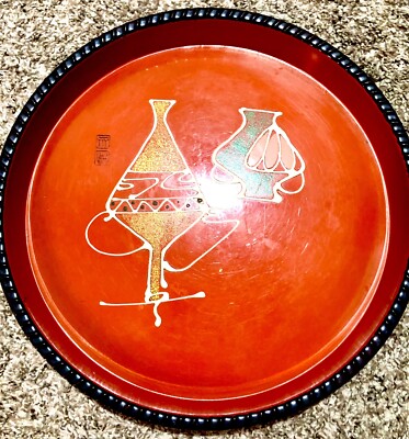 Mid Century Modern Iwahashi Lacquered Hand Painted Serving Tray Japan-image