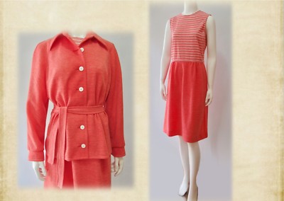 True Vtg 70s Mid Century Mod Knit Orange Day Walking Dress Jacket S M-image