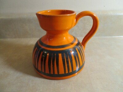 Mid Century Modern Italy Pottery Pitcher Creamer Vase Orange Black-image