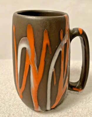 Vintage Mid Century CANADA LAURENTIAN Tall Mug 57 Orange & White Drips on brown-image