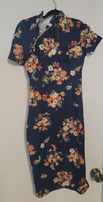 Oxiuly Fashion Blue and Orange Dress Size S Small Floral Print NWT-image