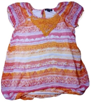 George Pink Orange White Aztec Stripe Print Blouse Medium 7 8-image