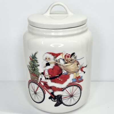 Creative Co-op Santa On Bicycle 8”h Stoneware Canister With Lid-image