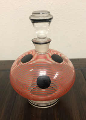 RARE Mid Century Retro Black Polka Dot/Orange Pinstriped Glass Decanter/Stopper-image