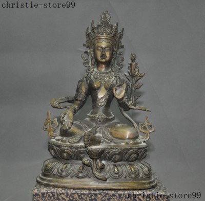 Old Tibetan joss Buddhism Pure Bronze Lotus Tara Guanyin Kuan-Yin Buddha Statue-image