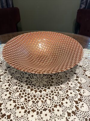 Vintage Houndstooth Pattern Glass Bowl Red Orange Tan & Silver Color Bottom-image