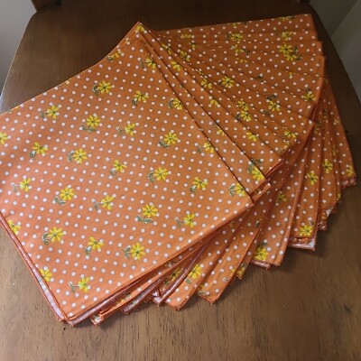 12 VTG Mid Century Orange Yellow Daisy Linen MOD Napkins Cloth-image