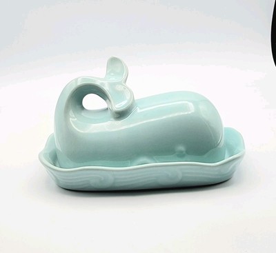 Whale Butter Dish Aqua Blue Tail Handle Ceramic Kitchen Decor Creative Co-Op-image