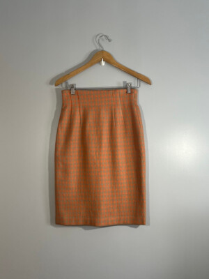 Vintage Clermont Orange and Tan Wool-Blend Houndstooth Pencil Skirt-image