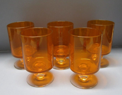 Mid Century Orange with Clear Stem Ice Tea Glasses Water Goblets set of 5-image