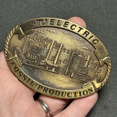 Texas Utilities Electric Co. Vintage Brass Belt Buckle 1993 by Creative Casting-image