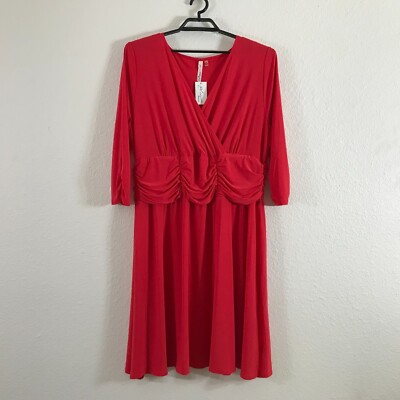 NY Collection Woman Dress Size 3X Orange 3/4 Sleeve Solid Ruched Polyester Blend-image