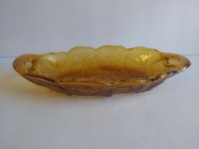 Vintage Amber Glass Serving Dish With Flowers 10.5 