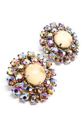 Peach marbled Czech glass orange aurora borealis clip on earrings mid century-image