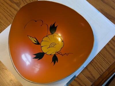 HAND PAINTED MALAMINE RESIN BOWL TRI-ANGULAR  FIRE ORANGE VINT.JAPAN-image