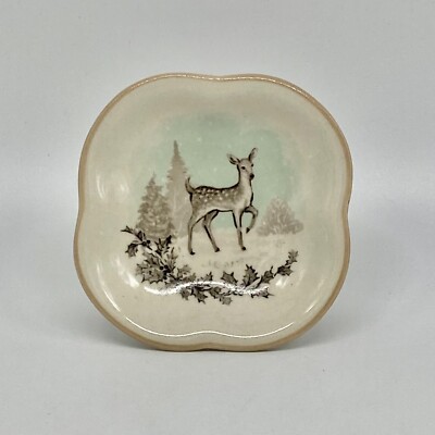 Creative Co-Op Stoneware Pedestal Trinket Dish Snowy Winter Deer Fawn Holly-image