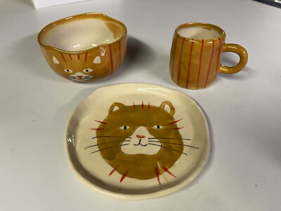 Creative co-op happy cat plate, cup soup bowl three-piece set kitten/cat-image
