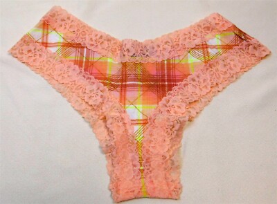 VICTORIAS SECRET Orange Mid Rise Cheeky Panty Size XL Lace Plaid NWT-image